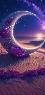 A vibrant crescent moon with purple roses on a starry desert night.