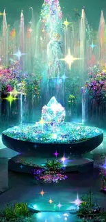 Mystical crystal fountain with colorful lights in a garden setting.