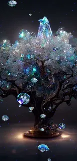 Enchanting crystal tree with iridescent lights on a dark background.