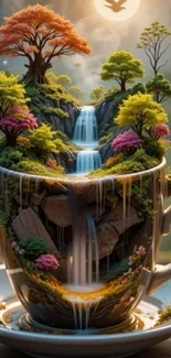 Enchanting cup with waterfall and trees, fantasy artwork.