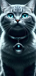 Digital cat with neon blue eyes and collar in a dark setting.