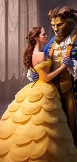 Elegant ballroom dance with beauty and beast in yellow gown and royal attire.