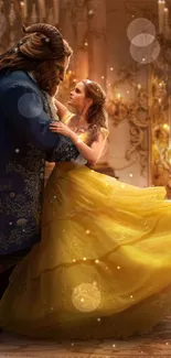 Enchanting dance scene with a beautiful gown in a fairy tale setting.