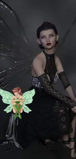 Dark fairy with black lace dress and wings on a shadowy background.