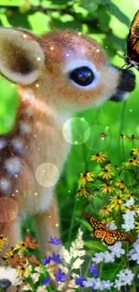 A fawn with butterflies among flowers in a lush green setting.