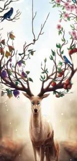 Fantasy deer with colorful antlers and flowers mobile wallpaper.