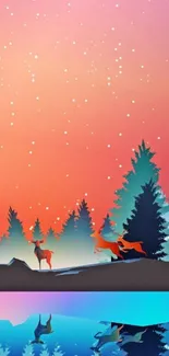 Deer family in colorful forest landscape with sunset.