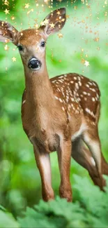 Young deer in a lush green forest with magical starry effect.