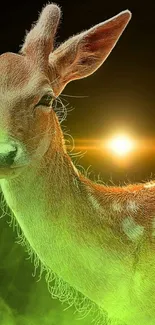 Majestic deer with glowing green and golden backdrop, perfect for serene wallpaper.