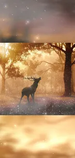 Deer in a mystical twilight forest with enchanting golden light.