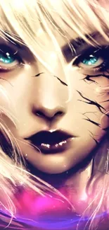 Ethereal digital art of a striking face with blue eyes and vibrant colors.