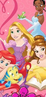 Disney princesses on pink background, perfect for mobile wallpaper.