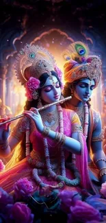 Divine couple in colorful artistic depiction with flowers, creating a serene spiritual ambiance.