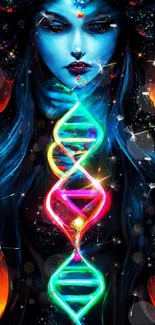 Colorful DNA helix with mystical elements on dark background.