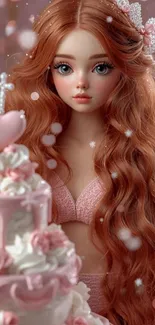 Doll with red hair next to pink cake
