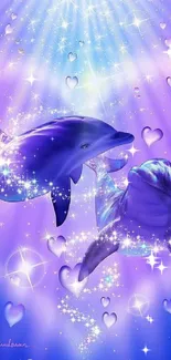 Magical dolphins swimming with light effects in a blue ocean background.