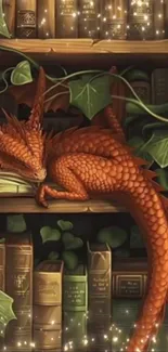 A mystical dragon curled among bookshelves with green leaves.