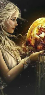 Mystical woman holding a glowing golden dragon egg.