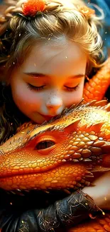 Young girl embracing a mystical orange dragon in a fantasy artwork.