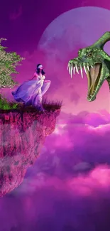 Fantasy scene with dragon and princess on a floating island under purple sky.