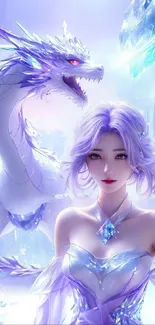 Enchanting fantasy art with a dragon and character in icy landscape.