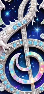 Fantasy dragon with music symbol on cosmic background.