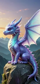 Vibrant purple dragon perched on a rock in evening mountain landscape.