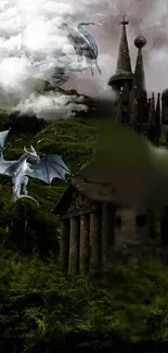 Dragons flying over a fantasy castle with lush greenery.