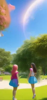 Enchanting dream park with two figures under a vibrant sky.