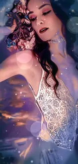 Dreamlike portrait of a woman with lace and cosmic background.