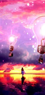 Girl under sky with floating glowing light bulbs at sunset.