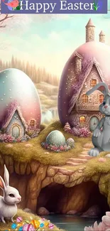 Whimsical Easter scene with bunnies and giant eggs.