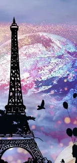 Eiffel Tower with galaxy and silhouettes in a vibrant, dreamy wallpaper.