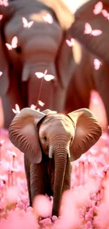 Baby elephant with butterflies in pink flowers.