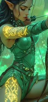 Elf archer with glowing tattoos in mystical forest.