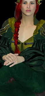 Fantasy elf with red hair in green attire.