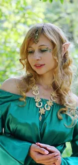 Elf in green dress with forest background.