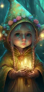 Mystical elf child with glowing lights in a vibrant, enchanted forest scene.