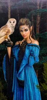 Elf in blue dress holding an owl in a forest.