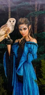 Fantasy elf holding an owl in a dark forest setting.