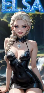 Anime-style Elsa in elegant dress near waterfall.