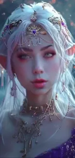 Elven princess with intricate jewelry in a mystical setting.