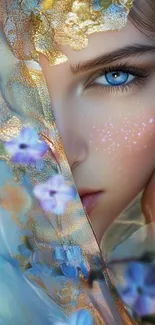 Ethereal beauty with blue eye and floral accents in a magical wallpaper.