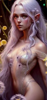 Ethereal fairy with lilac hair in a magical garden setting, mobile wallpaper.