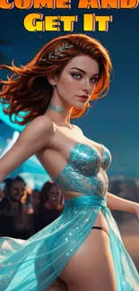 Fantasy character in an elegant blue dress with vibrant design elements.