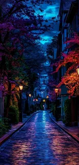 Enchanting night street scene with glowing lanterns and colorful foliage.