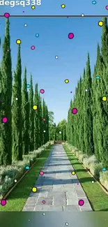 Pathway flanked by evergreen trees and dotted with vibrant colors.