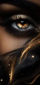 Enchanting eye art with gold sparkle in mobile wallpaper.