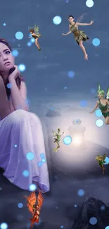 Magical night scene with fairies and a thoughtful girl in blue hues.