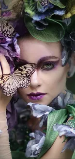 Enchanting fairy with butterflies and flowers in purple hues.